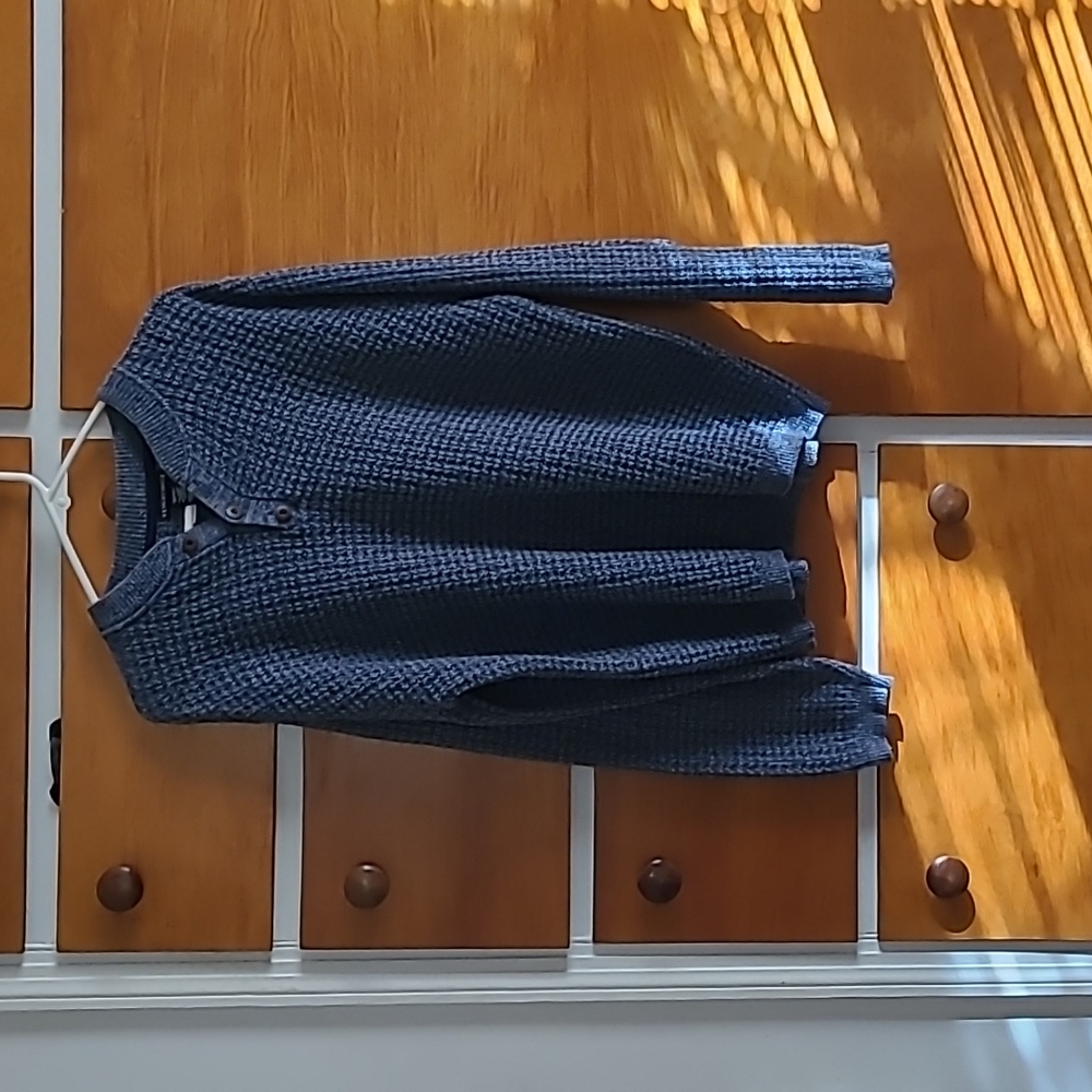 Men's Henley style sweater long sleeve Heather blue color  buttoned front